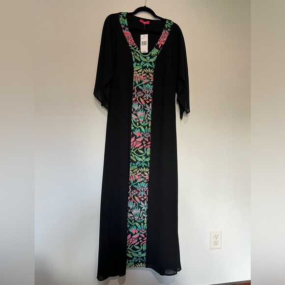 Elaine Turner ‘Tia’ maxi caftan S Small Black Embroidered NWT - Picture 2 of 5